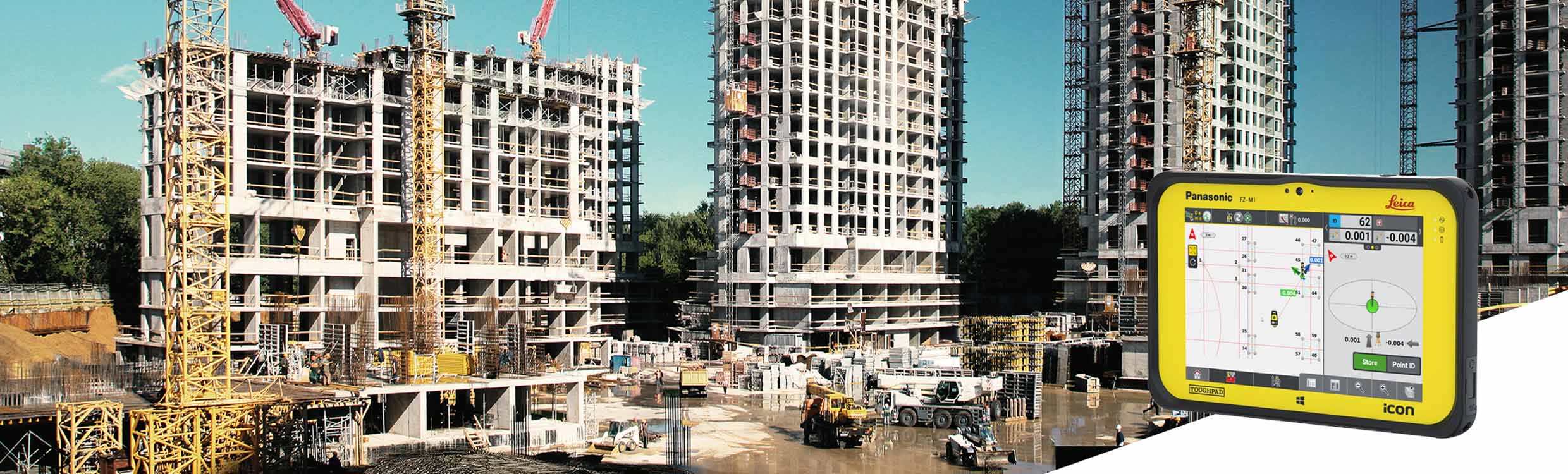 Leica iCON CC80 field controller with iCON build software with point layout and building construction project on the background.